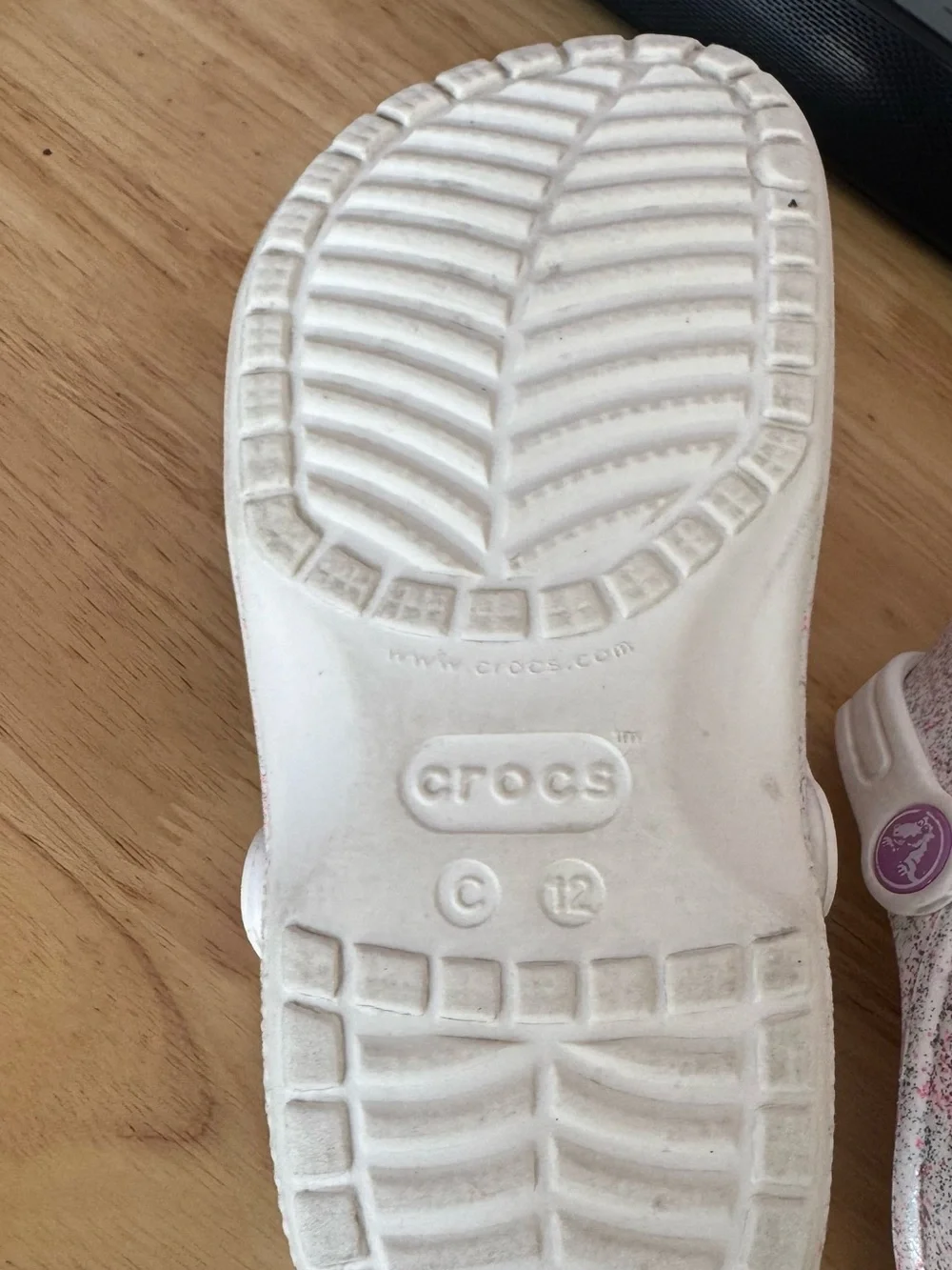 CROCS Kids Glitter Clogs in White with Pink & Silver Sparkle